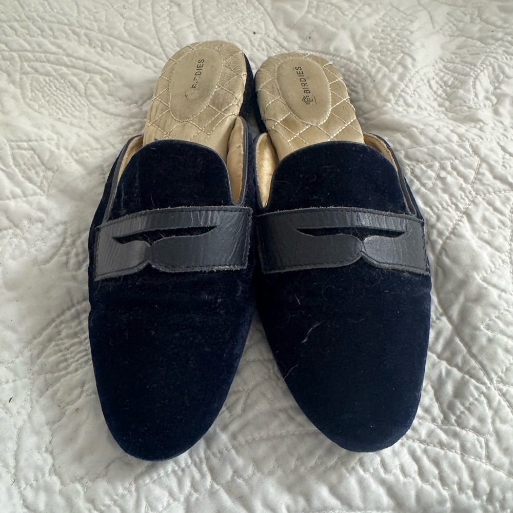 Birdies Navy Velvet Mules Sleek Minimalist Design